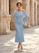 Lace Sheath Off Shoulder Long Sleeves Midi Cocktail Dresses with Ruffles