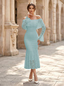 Lace Sheath Off Shoulder Long Sleeves Midi Cocktail Dresses with Ruffles