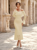 Lace Sheath Off Shoulder Long Sleeves Midi Cocktail Dresses with Ruffles