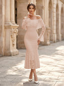 Lace Sheath Off Shoulder Long Sleeves Midi Cocktail Dresses with Ruffles