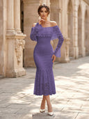 Lace Sheath Off Shoulder Long Sleeves Midi Cocktail Dresses with Ruffles