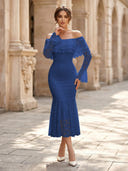Lace Sheath Off Shoulder Long Sleeves Midi Cocktail Dresses with Ruffles