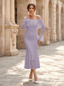 Lace Sheath Off Shoulder Long Sleeves Midi Cocktail Dresses with Ruffles