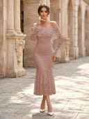 Lace Sheath Off Shoulder Long Sleeves Midi Cocktail Dresses with Ruffles