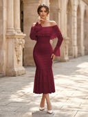 Lace Sheath Off Shoulder Long Sleeves Midi Cocktail Dresses with Ruffles