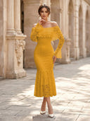 Lace Sheath Off Shoulder Long Sleeves Midi Cocktail Dresses with Ruffles