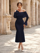 Lace Sheath Off Shoulder Long Sleeves Midi Cocktail Dresses with Ruffles