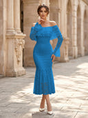 Lace Sheath Off Shoulder Long Sleeves Midi Cocktail Dresses with Ruffles
