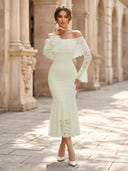 Lace Sheath Off Shoulder Long Sleeves Midi Cocktail Dresses with Ruffles