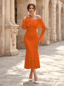 Lace Sheath Off Shoulder Long Sleeves Midi Cocktail Dresses with Ruffles