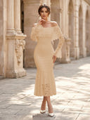 Lace Sheath Off Shoulder Long Sleeves Midi Cocktail Dresses with Ruffles