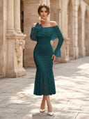 Lace Sheath Off Shoulder Long Sleeves Midi Cocktail Dresses with Ruffles