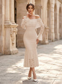Lace Sheath Off Shoulder Long Sleeves Midi Cocktail Dresses with Ruffles