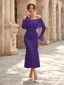 Lace Sheath Off Shoulder Long Sleeves Midi Cocktail Dresses with Ruffles
