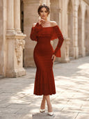 Lace Sheath Off Shoulder Long Sleeves Midi Cocktail Dresses with Ruffles