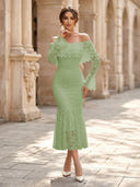 Lace Sheath Off Shoulder Long Sleeves Midi Cocktail Dresses with Ruffles