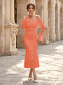 Lace Sheath Off Shoulder Long Sleeves Midi Cocktail Dresses with Ruffles