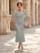 Lace Sheath Off Shoulder Long Sleeves Midi Cocktail Dresses with Ruffles