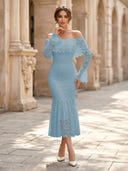 Lace Sheath Off Shoulder Long Sleeves Midi Cocktail Dresses with Ruffles