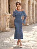 Lace Sheath Off Shoulder Long Sleeves Midi Cocktail Dresses with Ruffles