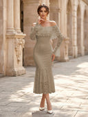 Lace Sheath Off Shoulder Long Sleeves Midi Cocktail Dresses with Ruffles