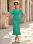 Lace Sheath Off Shoulder Long Sleeves Midi Cocktail Dresses with Ruffles