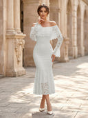 Lace Sheath Off Shoulder Long Sleeves Midi Cocktail Dresses with Ruffles