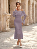 Lace Sheath Off Shoulder Long Sleeves Midi Cocktail Dresses with Ruffles