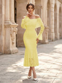 Lace Sheath Off Shoulder Long Sleeves Midi Cocktail Dresses with Ruffles
