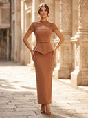 Satin Mermaid Short Sleeves Long Cocktail Dresses with Lace