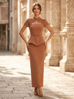 Satin Mermaid Short Sleeves Long Cocktail Dresses with Lace