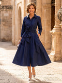 Satin A Line V Neck Long Sleeves Midi Cocktail Dresses