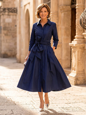 Satin A Line V Neck Long Sleeves Midi Cocktail Dresses
