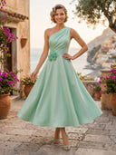 Satin A Line One Shoulder Sleeveless Midi Cocktail Dresses with 3D Flower