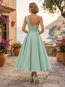 Satin A Line One Shoulder Sleeveless Midi Cocktail Dresses with 3D Flower