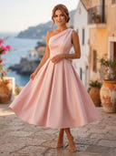 Satin A Line One Shoulder Sleeveless Midi Cocktail Dresses with Pleats