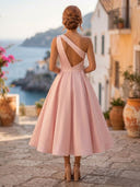 Satin A Line One Shoulder Sleeveless Midi Cocktail Dresses with Pleats