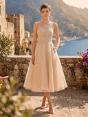 Tulle A Line One Shoulder Sleeveless Midi Cocktail Dresses with Pockets
