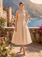 Tulle A Line One Shoulder Sleeveless Midi Cocktail Dresses with Pockets