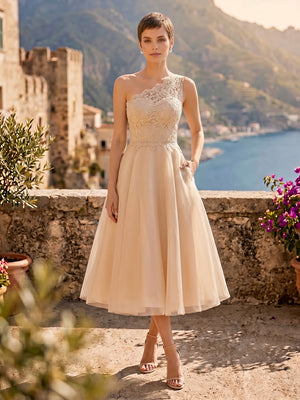 Tulle A Line One Shoulder Sleeveless Midi Cocktail Dresses with Pockets