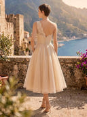 Tulle A Line One Shoulder Sleeveless Midi Cocktail Dresses with Pockets