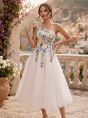 Tulle A Line One Shoulder Sleeveless Midi Cocktail Dresses with Embroidery