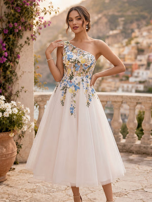 Tulle A Line One Shoulder Sleeveless Midi Cocktail Dresses with Embroidery