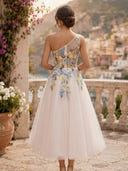 Tulle A Line One Shoulder Sleeveless Midi Cocktail Dresses with Embroidery