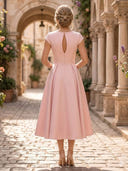 Satin A Line Short Sleeves Midi Cocktail Dresses with Pockets