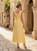Chiffon A Line V Neck Sleeveless Midi Cocktail Dresses with Ruffles