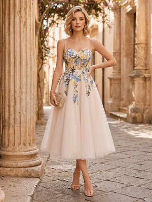 Tulle A Line Sweetheart Spaghetti Straps Midi Cocktail Dresses with Embroidery