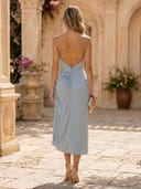 Satin Sheath V Neck Spaghetti Straps Midi Cocktail Dresses with Slit