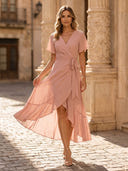 Chiffon A Line V Neck Short Sleeves Midi Cocktail Dresses with Pleats