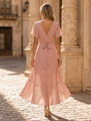 Chiffon A Line V Neck Short Sleeves Midi Cocktail Dresses with Pleats